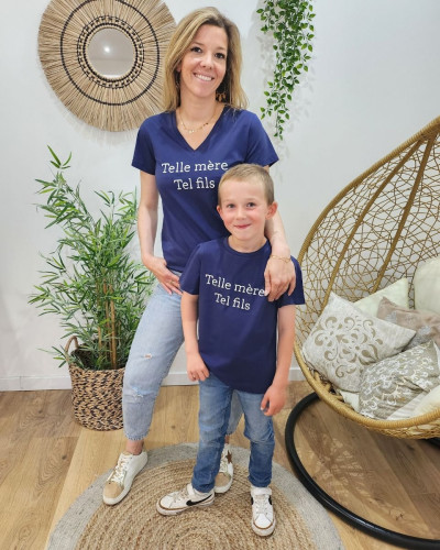 T-Shirt femme bleu marine Telle mère tel fils blanc