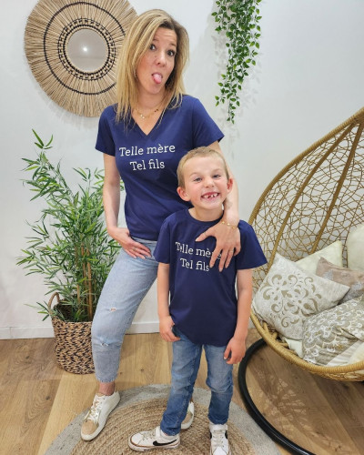 T-Shirt femme bleu marine Telle mère tel fils blanc