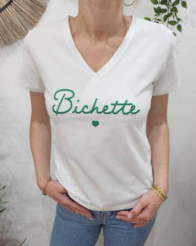 T-Shirt femme écru broderie bichette vert gazon