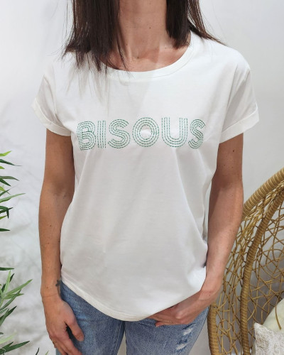 T-Shirt femme blanc broderie BISOUS