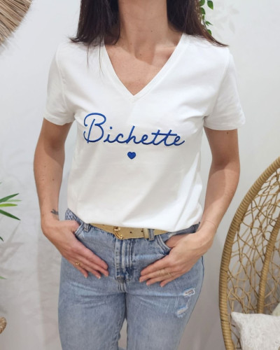 T-Shirt femme écru broderie bichette bleu