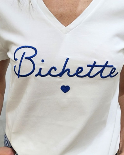 T-Shirt femme écru broderie bichette bleu