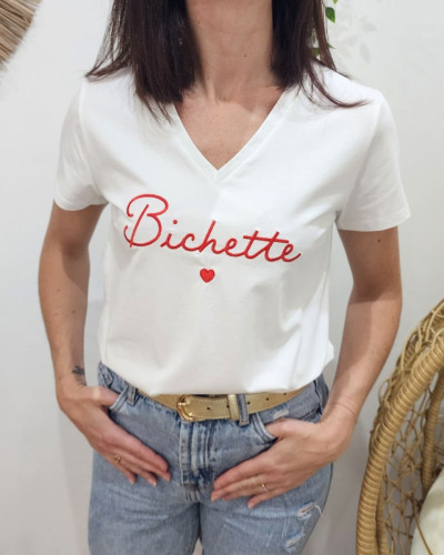 T-Shirt femme écru broderie bichette rouge