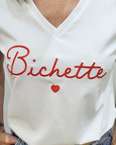 T-Shirt femme écru broderie bichette rouge