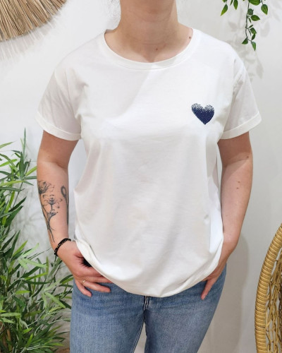 T-Shirt blanc broderie coeur dégradé marine