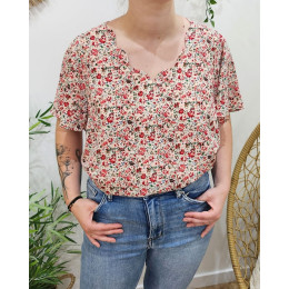 Blouse femme Emmanuelle blanc petites fleurs rouges cerises et vertes