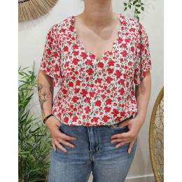 Blouse femme blanc fleurs rouges Fernande