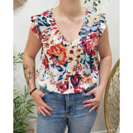 Blouse femme blanche grosses fleurs multicolores