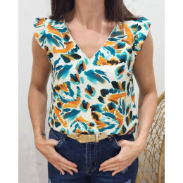 Blouse femme écrue motifs bleus et oranges Jennifer