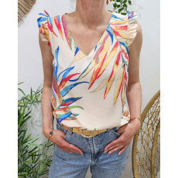 Blouse femme écrue feuillages multicolores