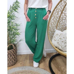 Pantalon fluide femme vert taille haute boutons dorés