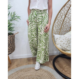 Pantalon fluide femme motifs verts et écrus