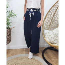 Pantalon fluide femme bleu marine ruban à motifs