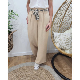 Pantalon fluide femme beige ruban à motifs