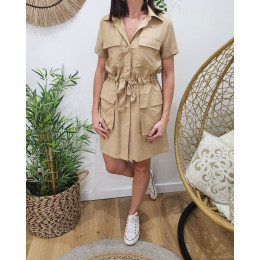 Robe saharienne femme beige manches courtes