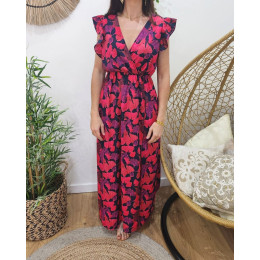 Robe longue femme marine fleurs roses fuchsia