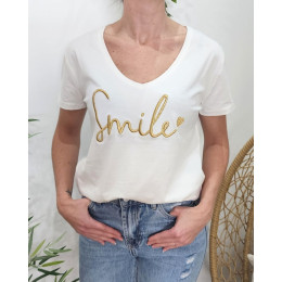 T-Shirt femme blanc broderie smile dorée