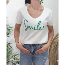 T-Shirt femme blanc broderie smile vert gazon