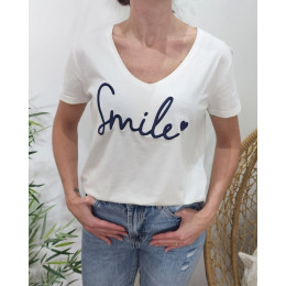 T-Shirt femme blanc broderie smile bleu marine