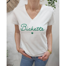 T-Shirt femme écru broderie bichette vert gazon