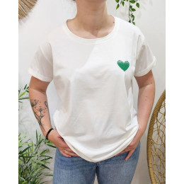 T-Shirt blanc broderie coeur dégradé vert