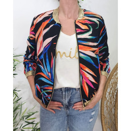 Bombers femme noir feuillages multicolores